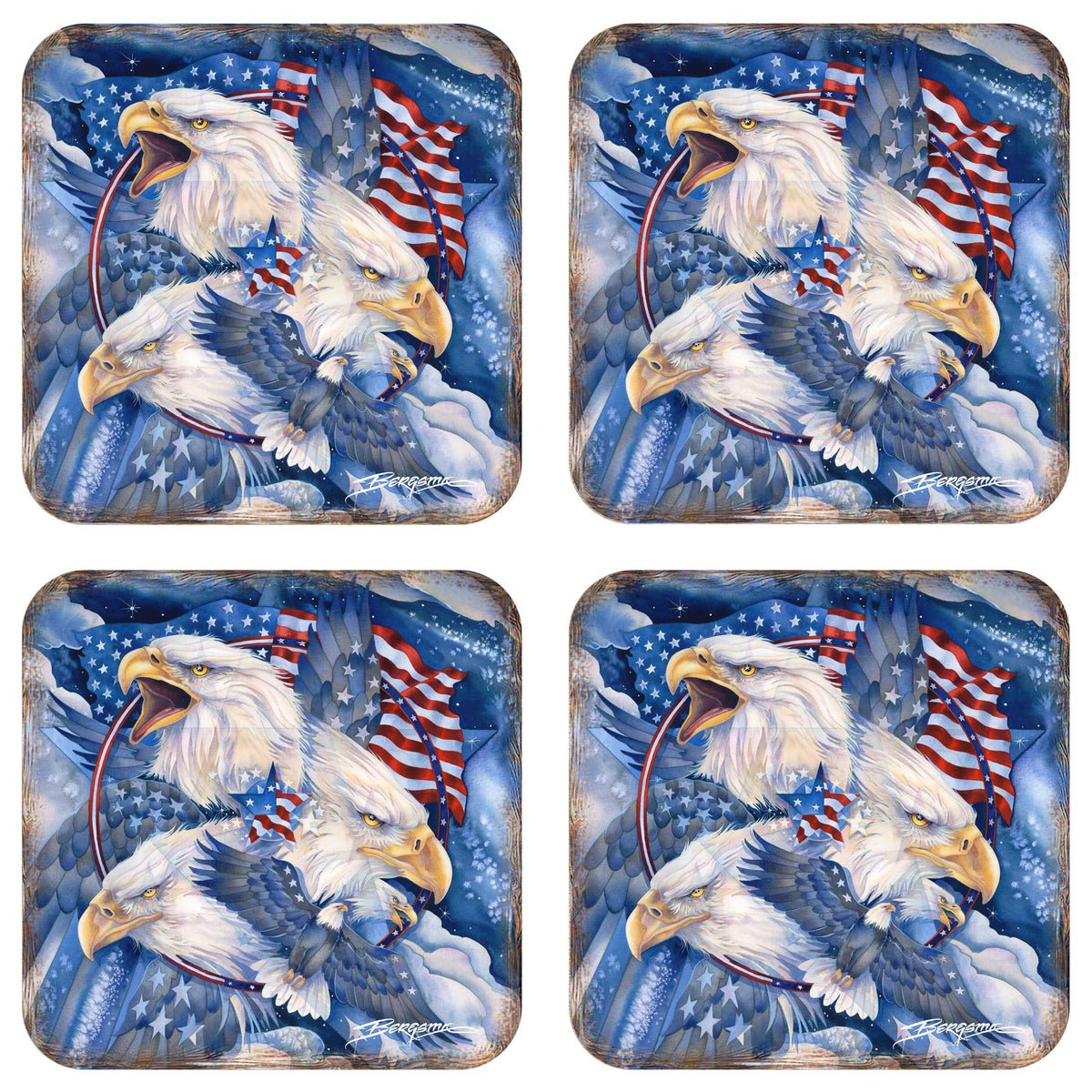 Allegiance American Patriotic Eagles Wooden Cork Coasters Gift Set of 4 by J. Bergsma - Wildlife Decor  - 8199470C-S4