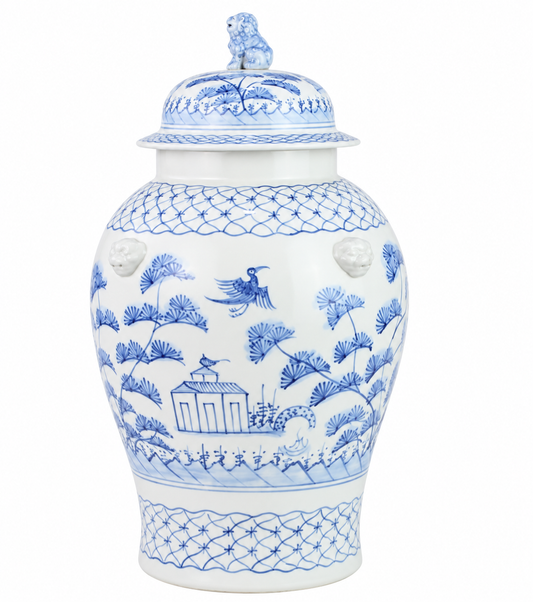 a blue and white vase with a lid