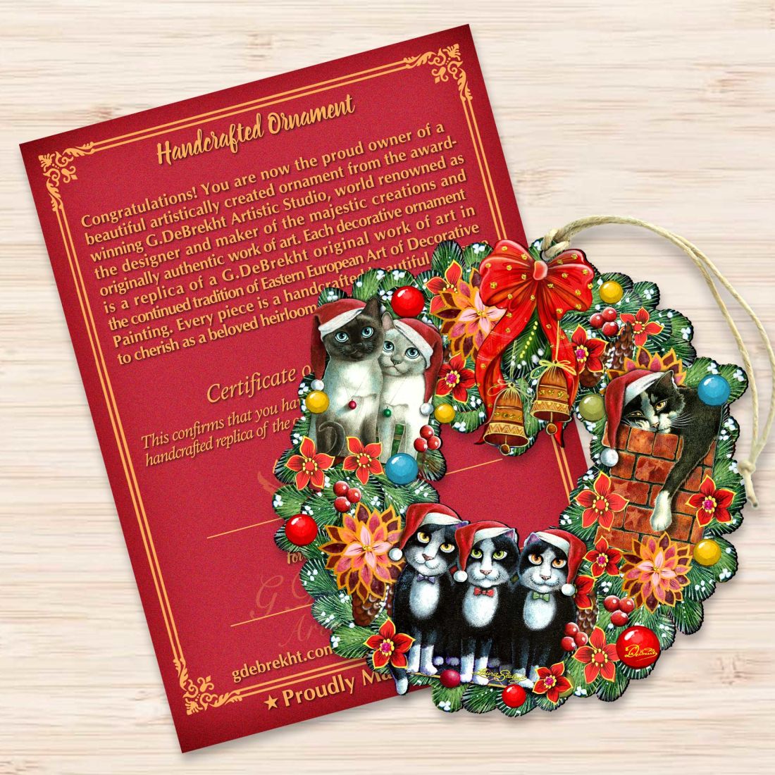 Christmas Friends Kitty Wreath Wooden Ornaments by G. DeBrekht and L. Seeley - Pets Dog and Cats Decor - 8185307-5-SL