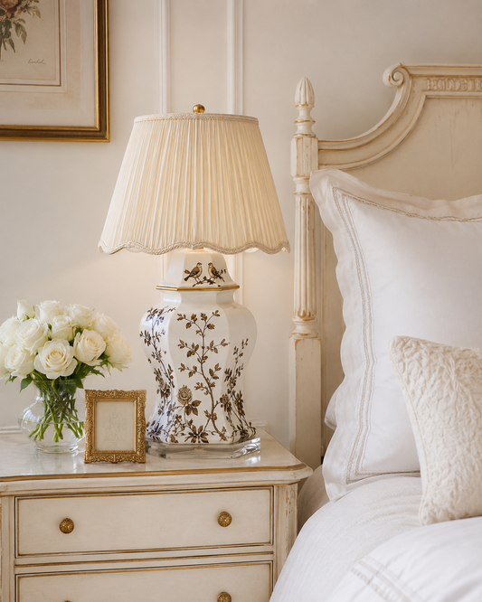 a lamp on a table next to a bed