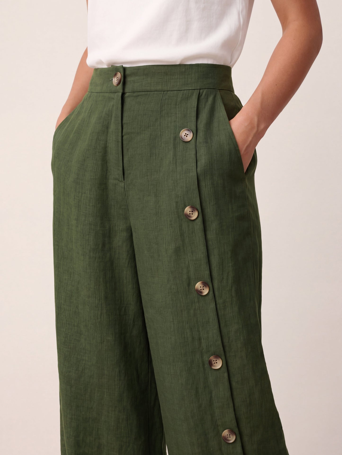100% Linen Buttoned Slit-Hem Pants KATYA
