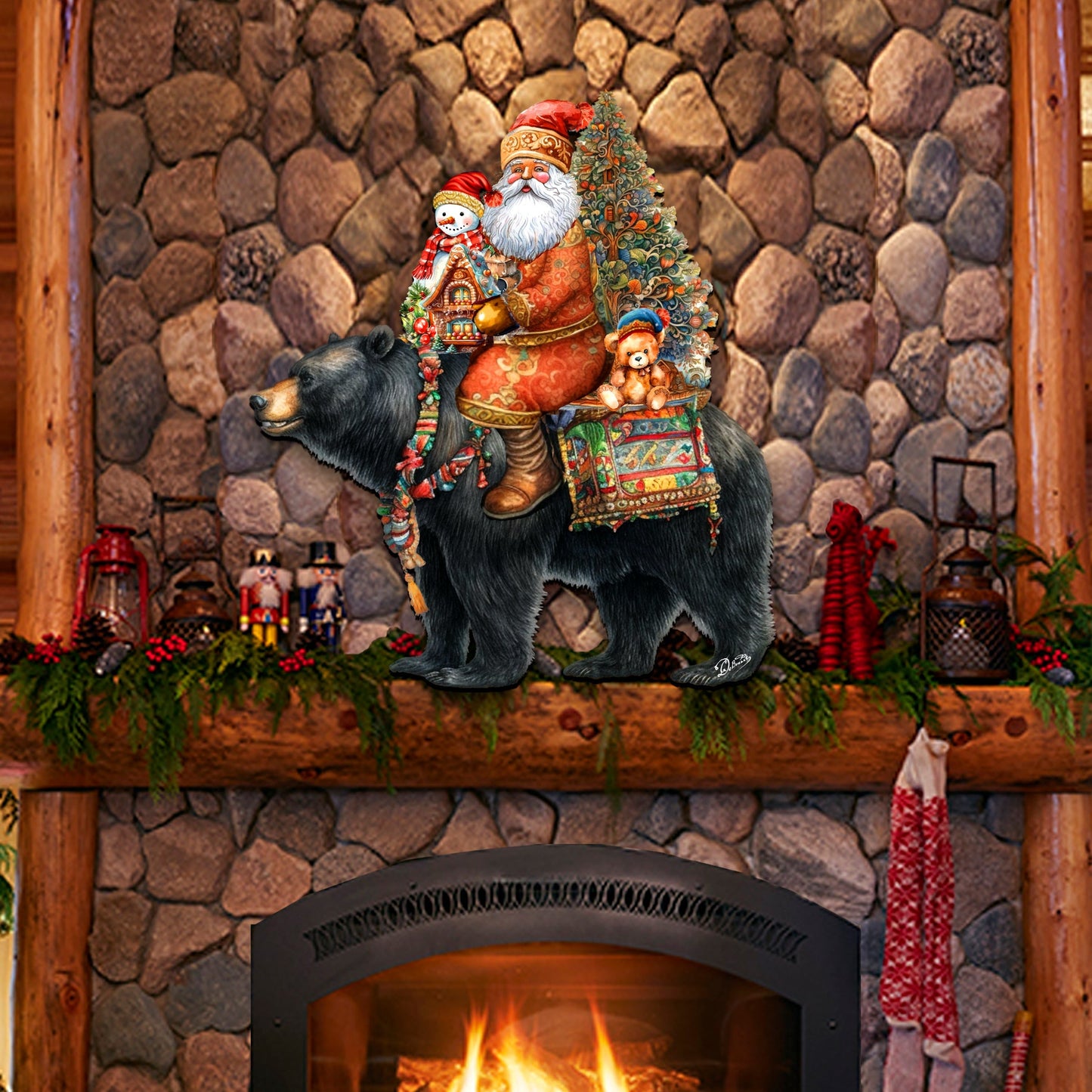 Santa Claus and Black Bear Friend Holiday Door Decor by G. Debrekht - Christmas Santa Snowman Decor - 8611064H