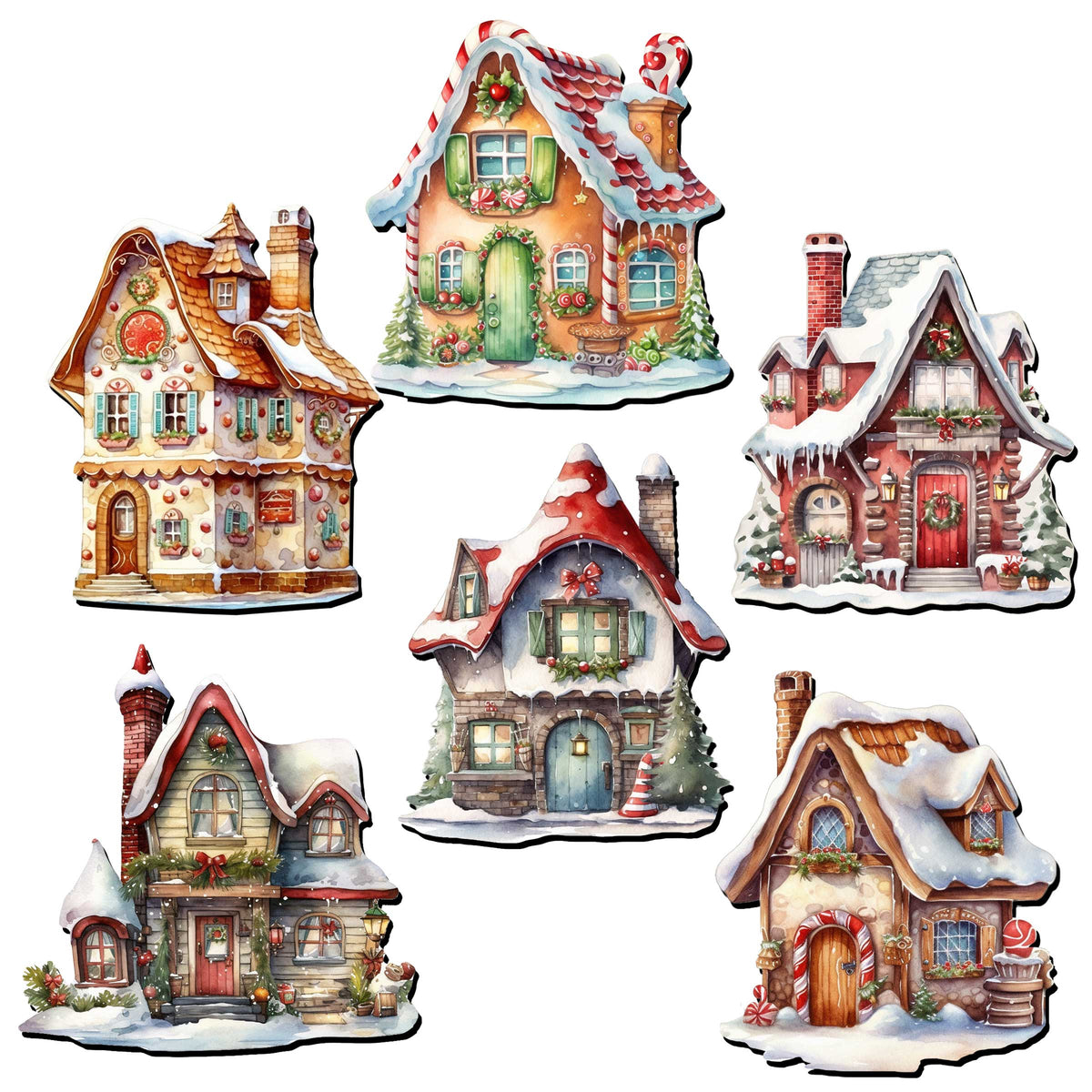 Christmas Houses Decorative Eco Wood Magnets Set of 6 by G. Debrekht - Christmas Decor - 8090024G-S6
