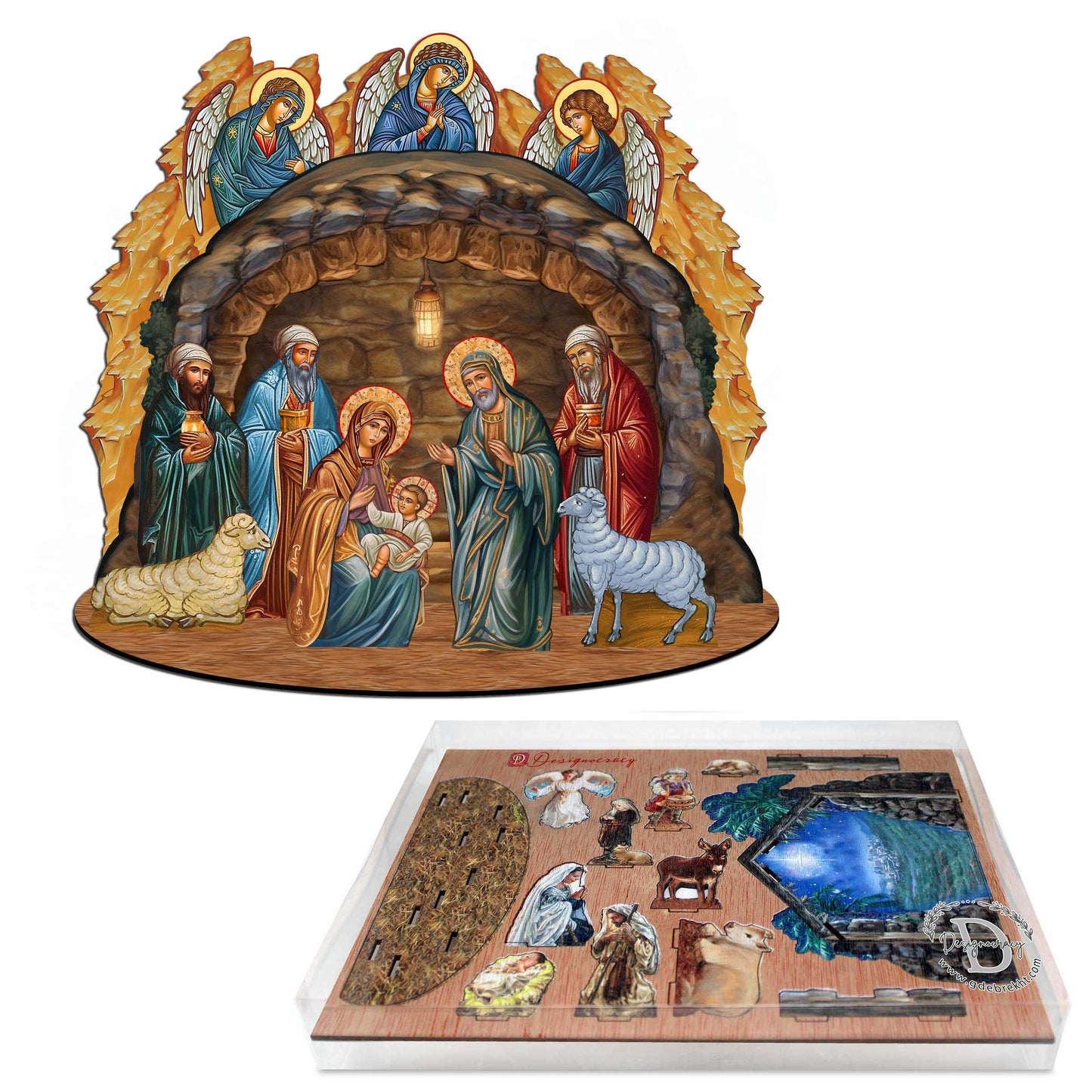 Orthodox Nativity Scene with Angels Decorative Village Eco Wood Set by G. Debrekht Nativity Holiday Decor - 852762