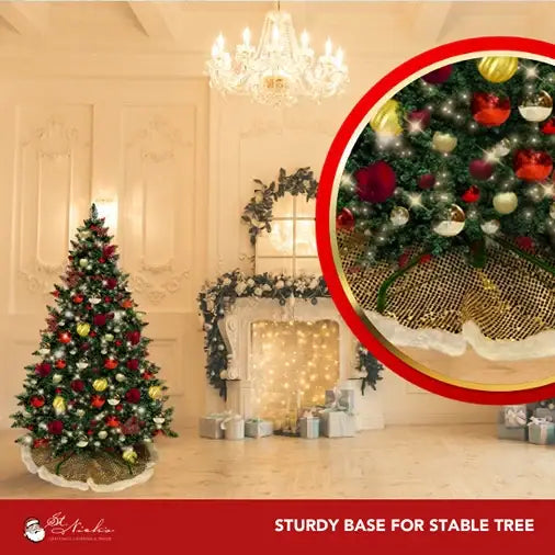a christmas tree in a room with a fireplace