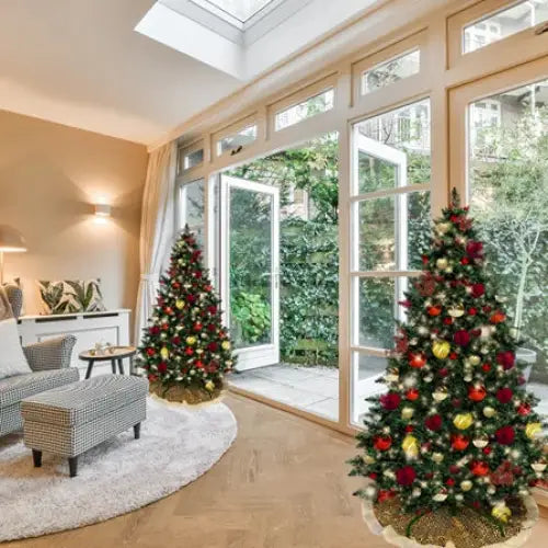 a living room with christmas trees and a couch
