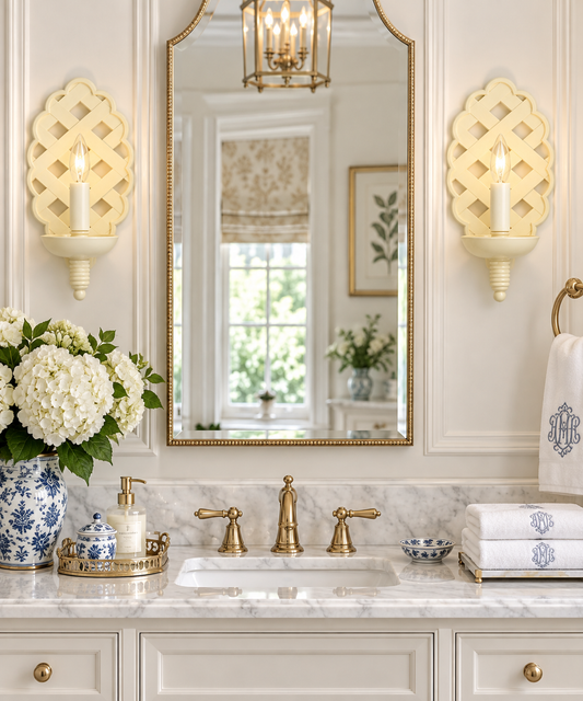 a bathroom with a mirror and flowers