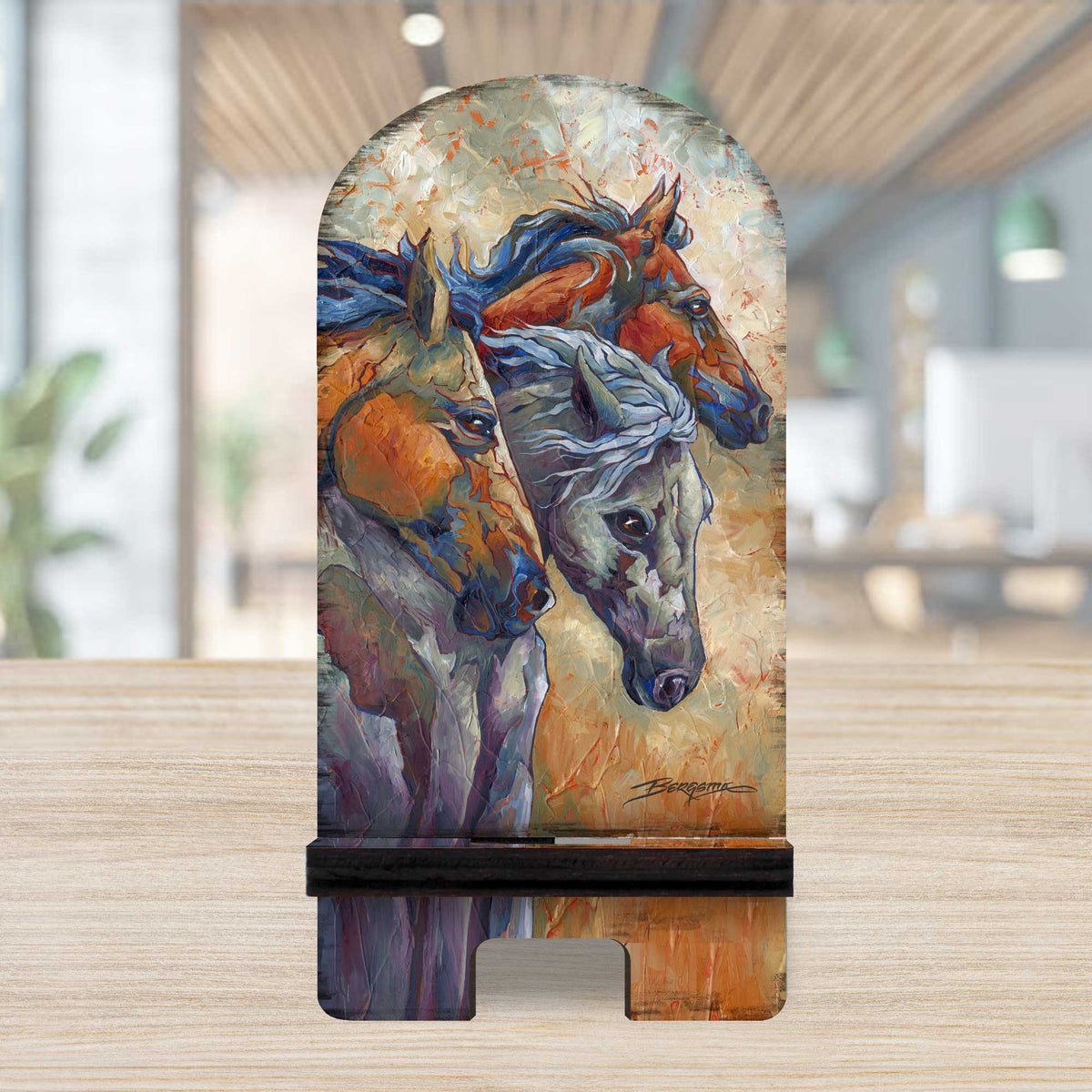 Let Them Run Horse Heads Cell Phone Stand Wood Mobile Tablet Holder Charging Station Organizer - 892097-JB