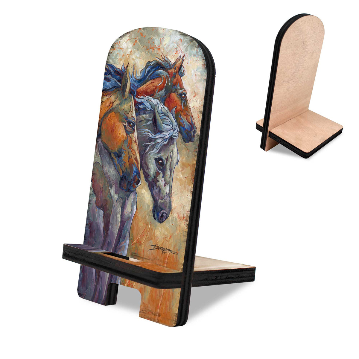 Let Them Run Horse Heads Cell Phone Stand Wood Mobile Tablet Holder Charging Station Organizer - 892097-JB
