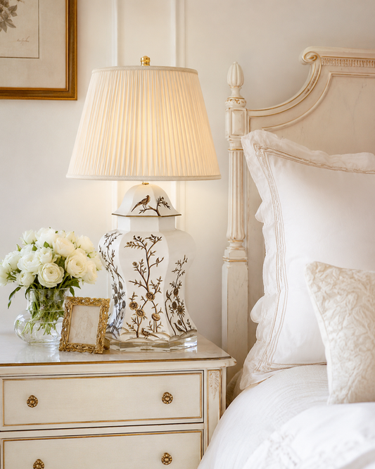 a white lamp on a nightstand