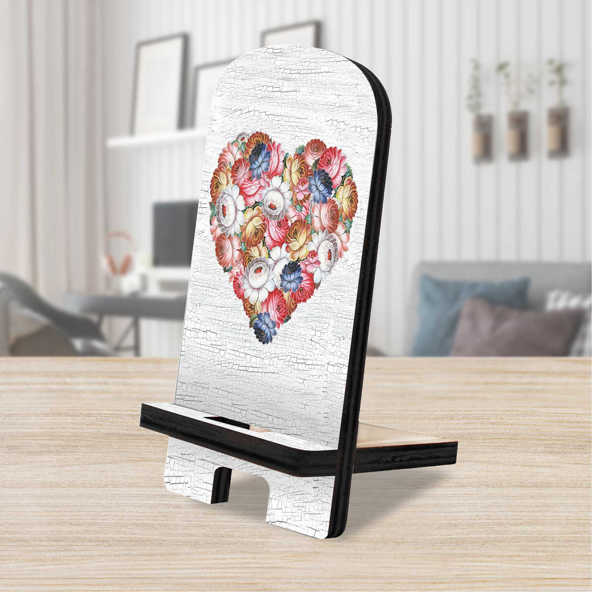 Flowers Heart Decor Cell Phone Stand Wood Mobile Tablet Holder Charging Station Organizer - 892036