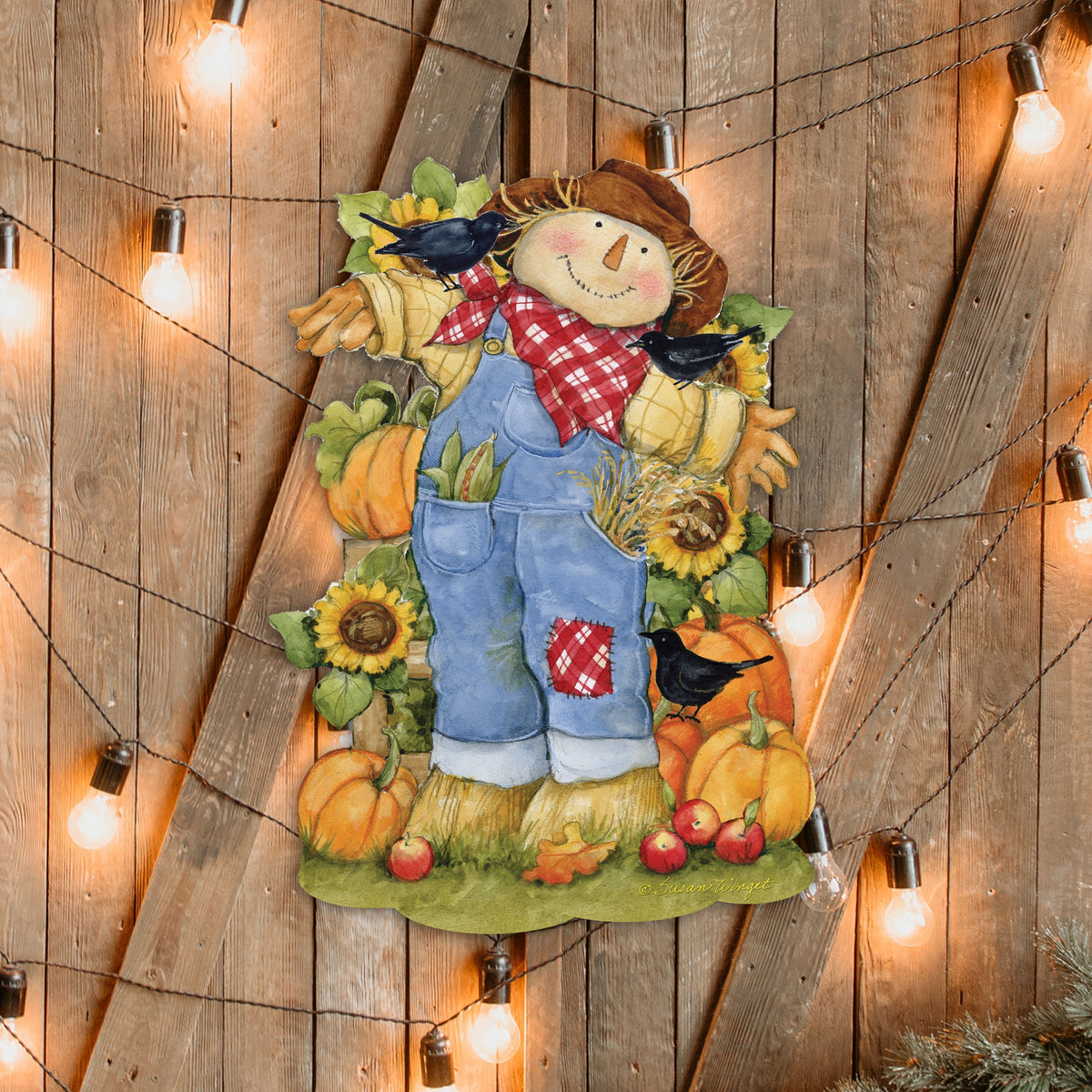 Front Door Fall Decoration Harvest Scarecrow Sign - Cornucopia - Rustic Handmade Gift Autumn Adornment by Susan Winget - 8471211H-SW