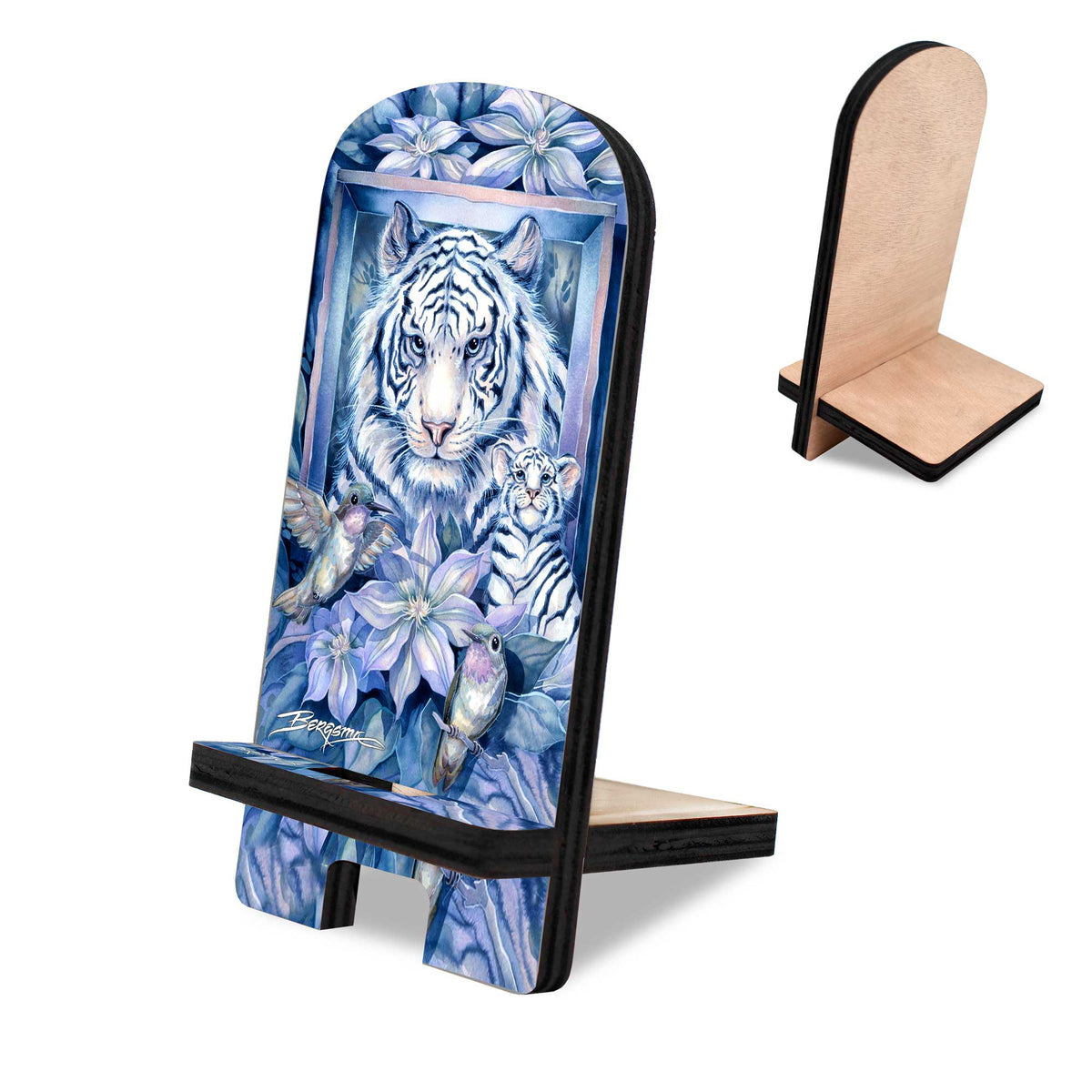 Tiger in the Garden Cell Phone Stand Wildlife Decor Wood Mobile Tablet Holder Charging Station Organizer - 892096-JB