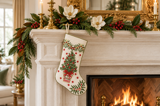 a fireplace with a decorated stocking and candles