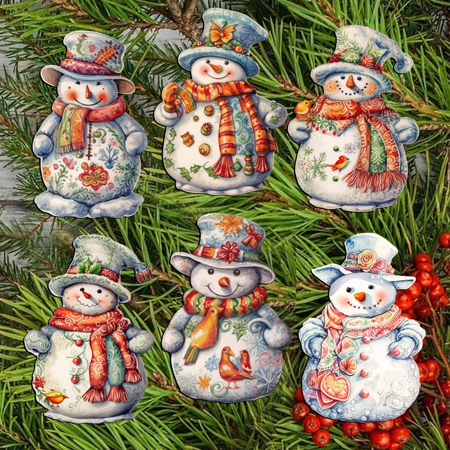 Snowman Clip-On Eco Wood Decorative Ornaments Set of 6 by G. Debrekht - Christmas Decor - 8090023C-S6