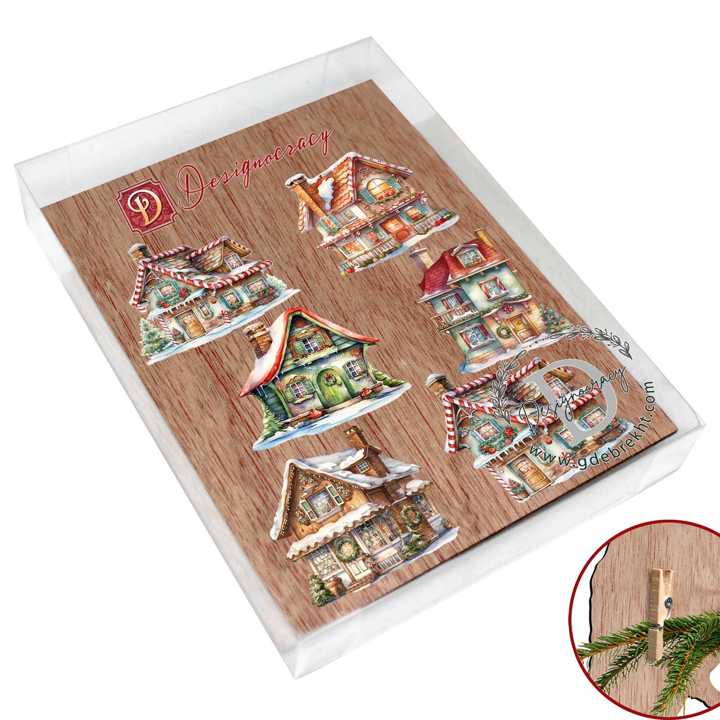 Dream Houses Clip-On Eco Wood Decorative Ornaments Set of 6 by G. Debrekht - Christmas Decor - 8090029C-S6