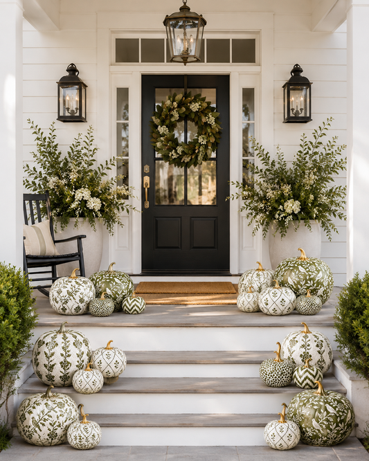 a front porch of a house with white pumpkins and plants