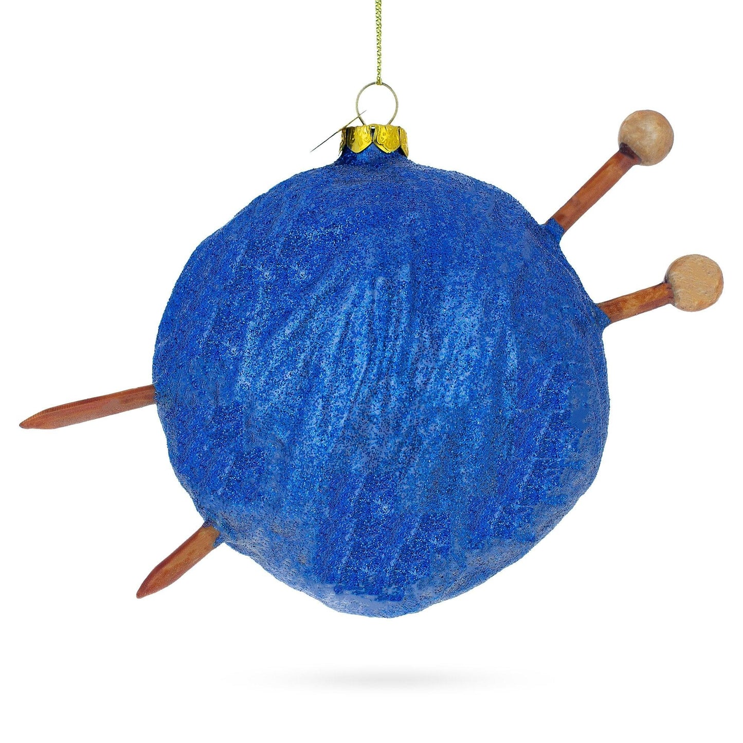 Blue Yarn Ball and Sticks Glass Christmas Ornament