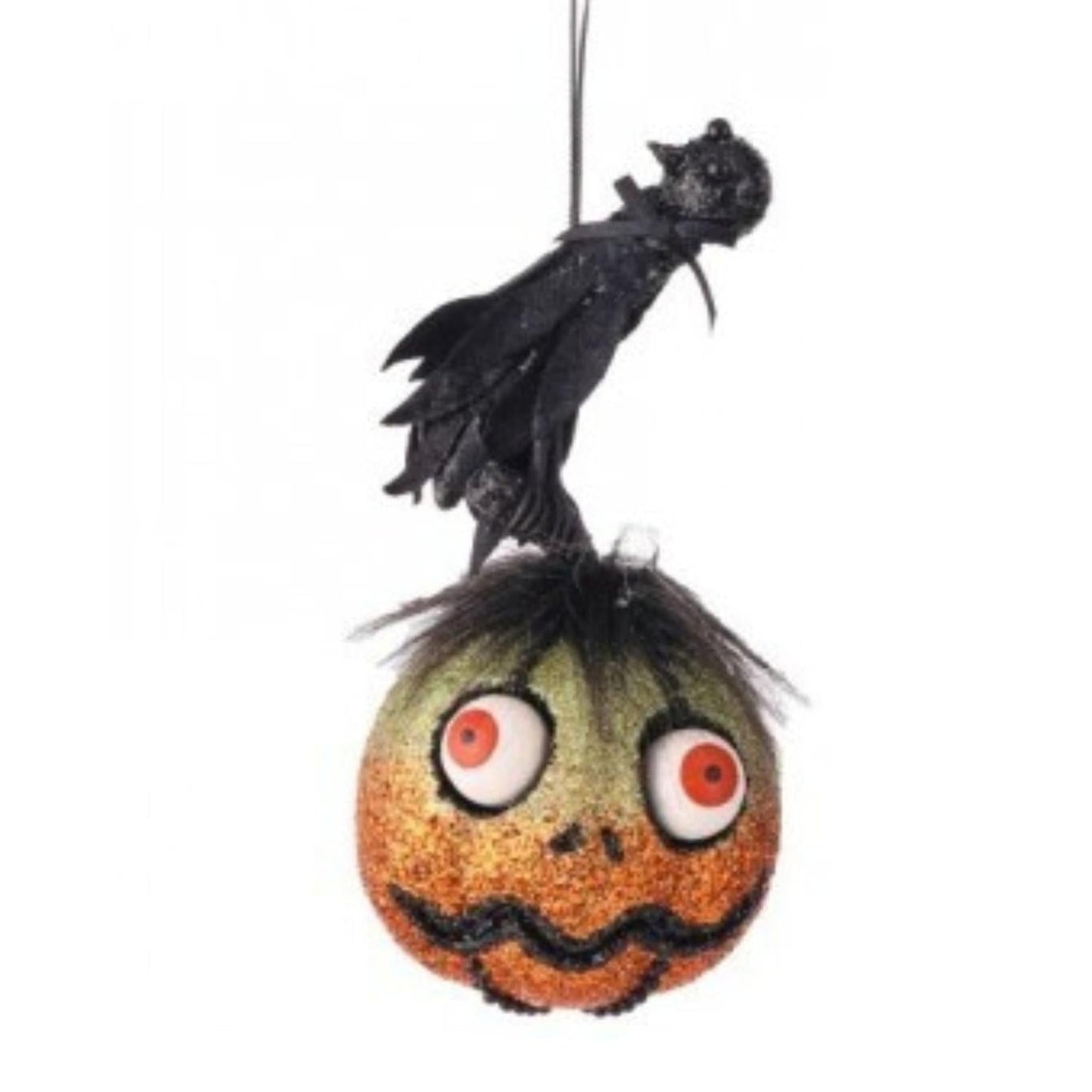 8" Glitter Pumpkin with Crow Hanger
