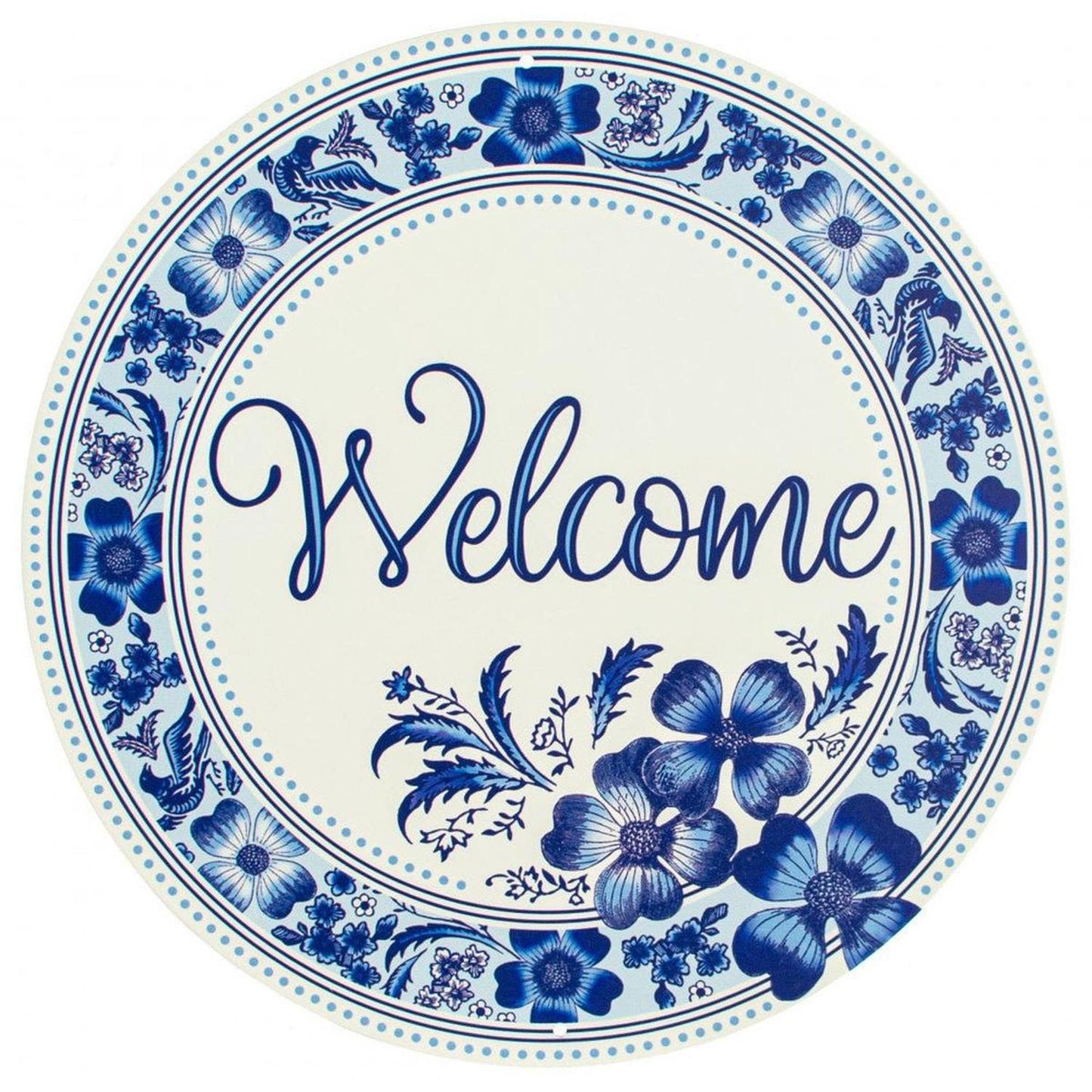 8" Metal Round Sign: Welcome Blue Floral