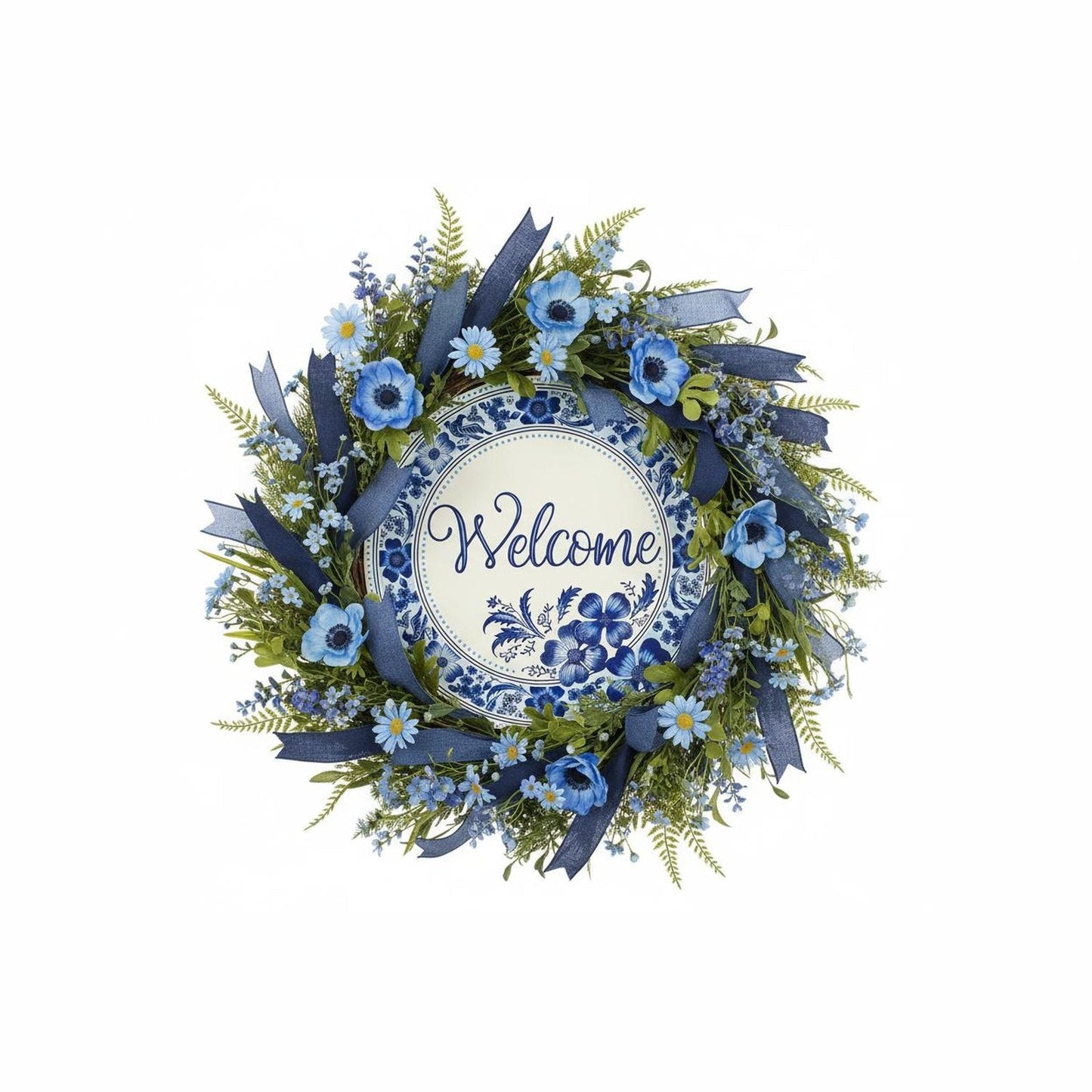 8" Metal Round Sign: Welcome Blue Floral