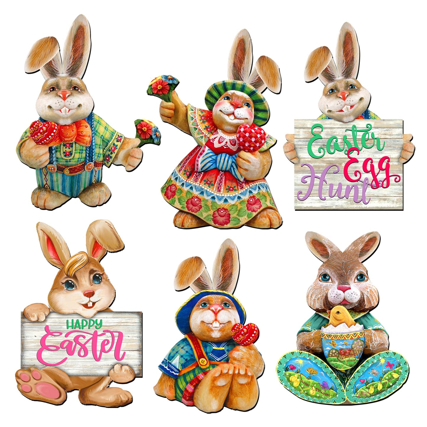Easter Bunny Family Clip-On Eco Wood Decorative Ornaments Set of 6 by G. Debrekht - Easter Décor - 8090041C-S6