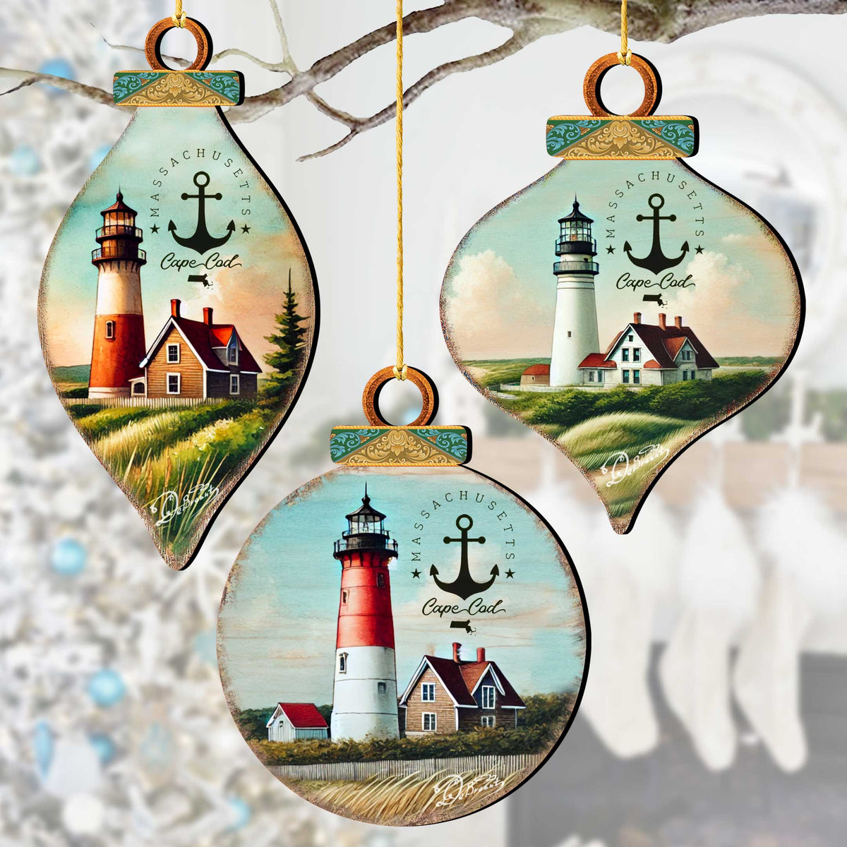Cape Cod Lighthouse Ornaments Set of 3 by G. Debrekht - Coastal Holiday Decor - 8091047-S3