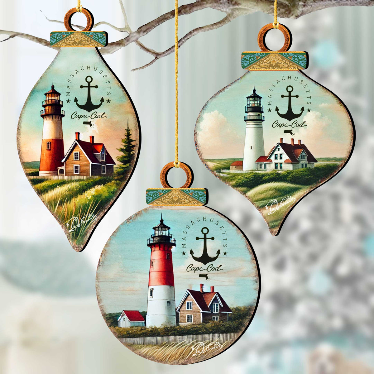 Cape Cod Lighthouse Ornaments Set of 3 by G. Debrekht - Coastal Holiday Decor - 8091047-S3
