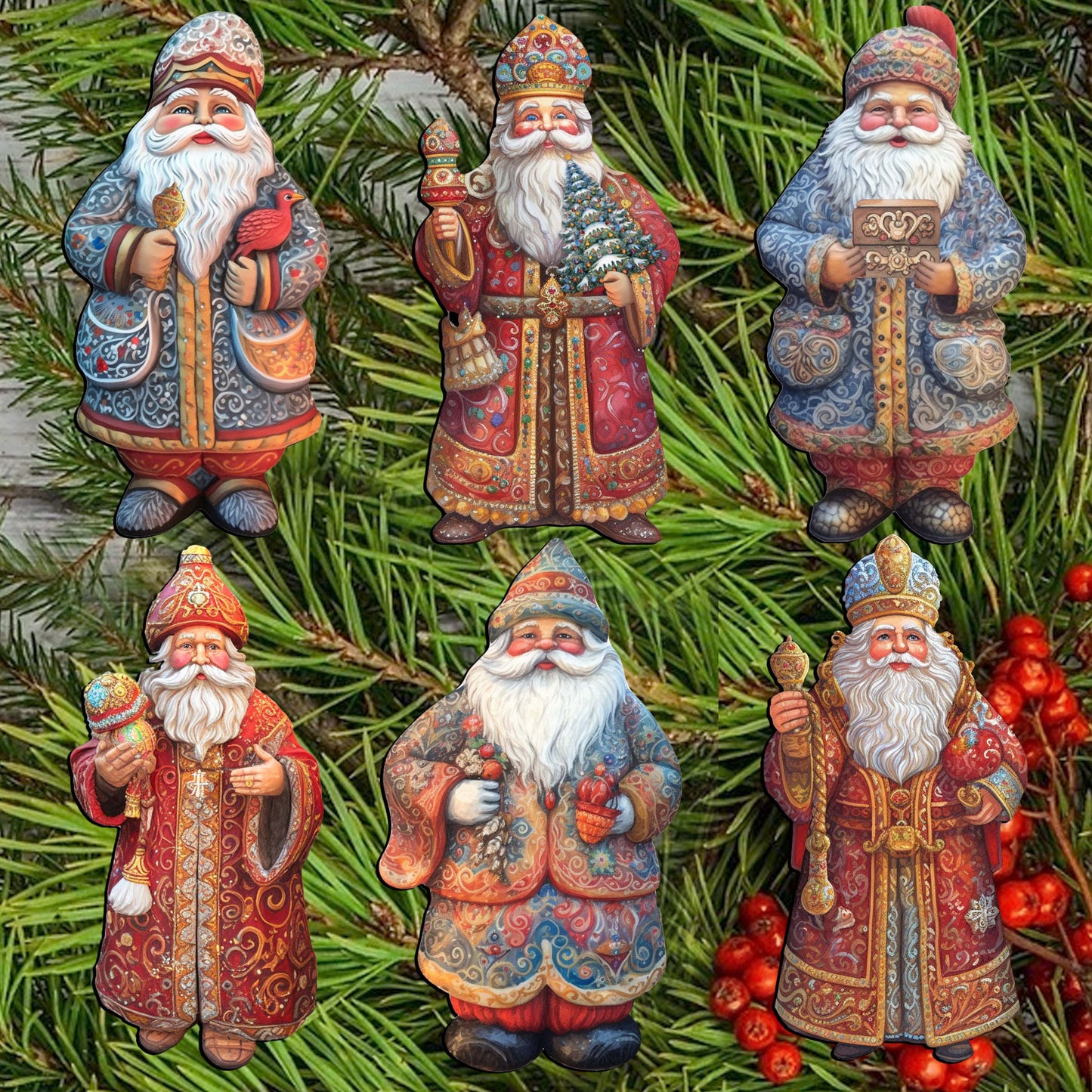 Santa Clip-On Eco Wood Decorative Ornaments Set of 6 by G. Debrekht - Christmas Decor - 8090032C-S6