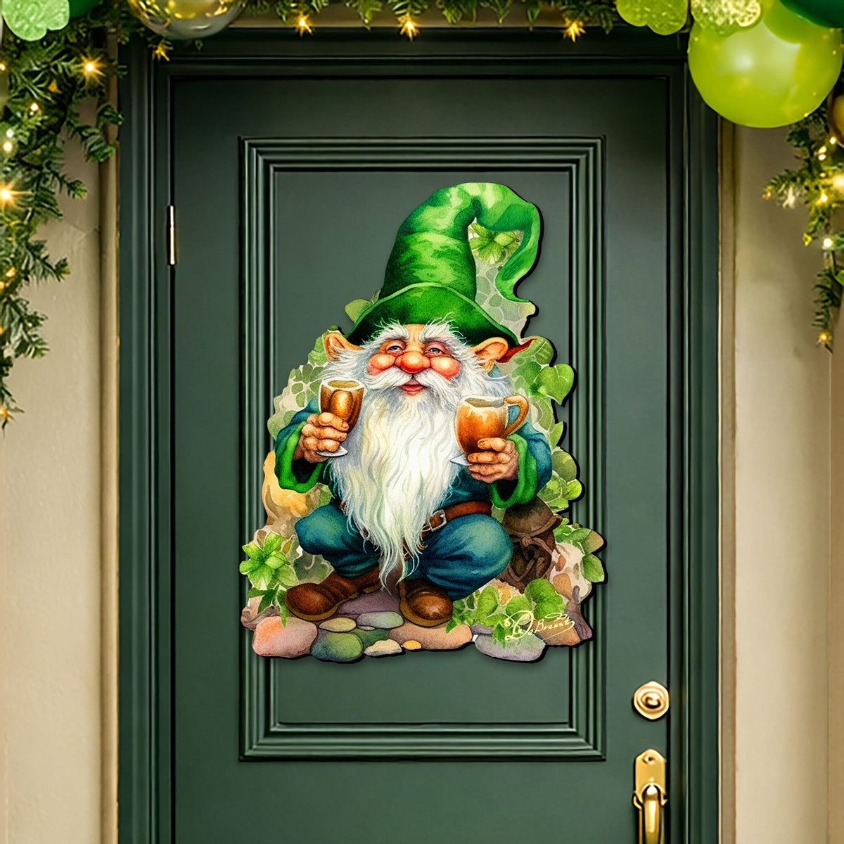 St. Patrick’s Day Gnome Door Hanger – Irish Leprechaun Green Door Decor – Handcrafted Wooden Holiday Wall Art by G. DeBrekht – 8652778H
