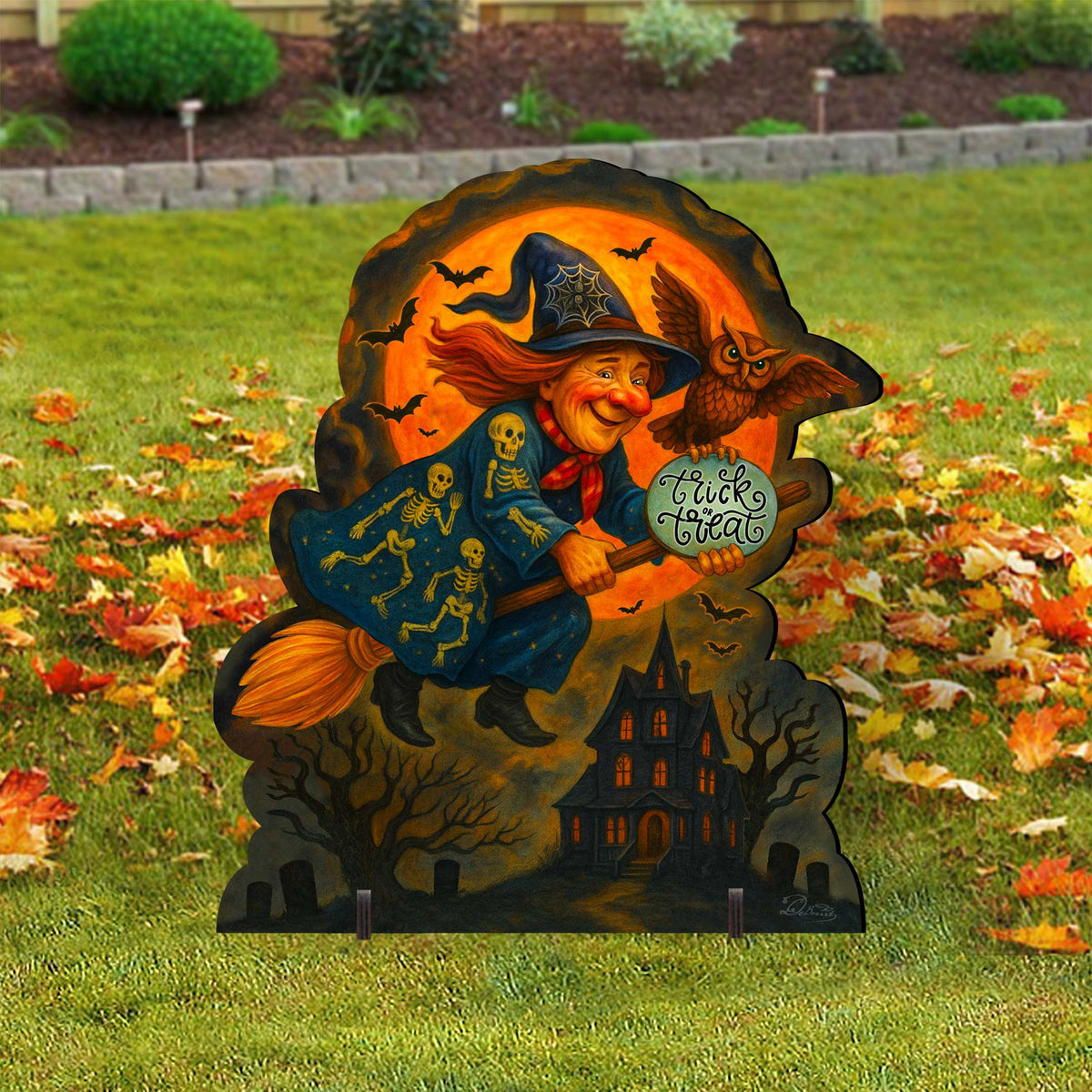 Halloween Flying Witch Freestanding Outdoor Décor – Handcrafted Wooden Yard Display by G. DeBrekht – 8652837F