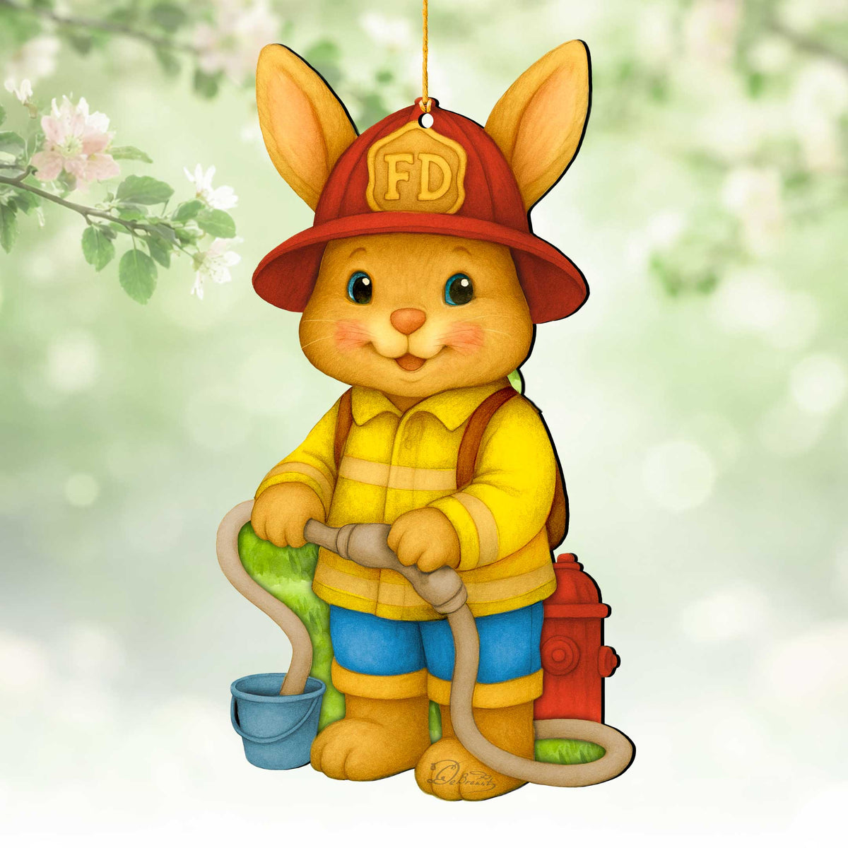 Firefighter Bunny Easter Wooden Ornament – Handcrafted Wooden Americana Easter Décor by G. Debrekht - 8652860