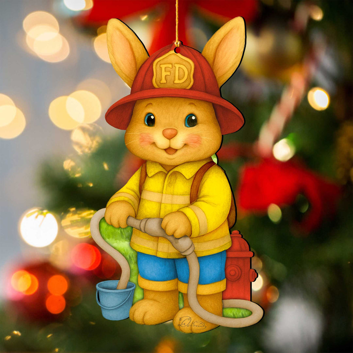 Firefighter Bunny Easter Wooden Ornament – Handcrafted Wooden Americana Easter Décor by G. Debrekht - 8652860