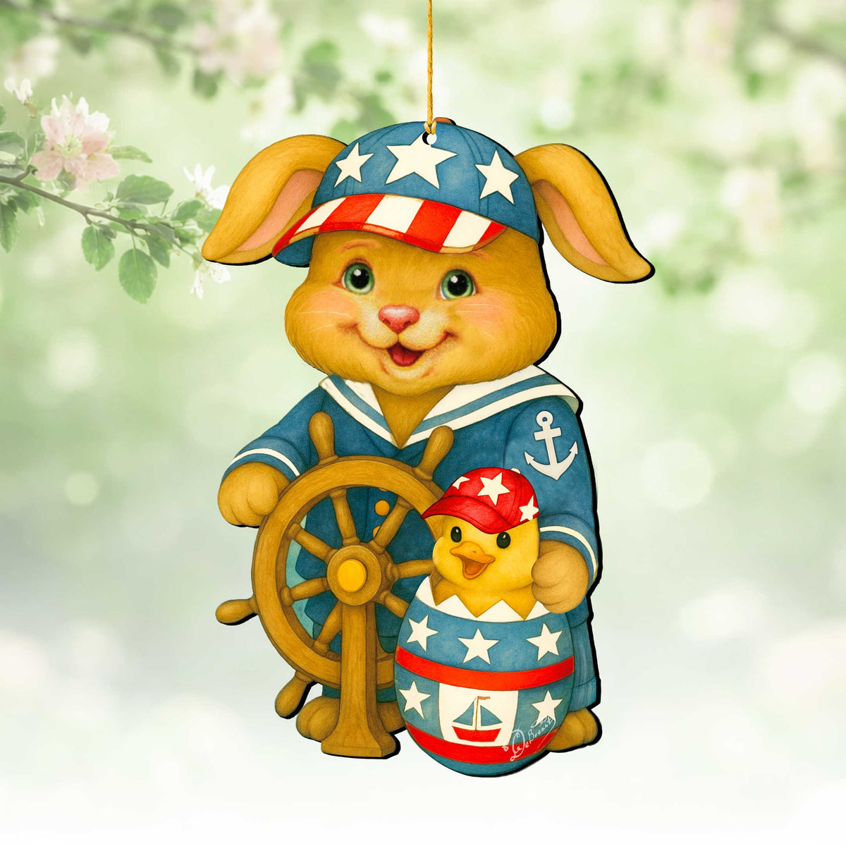 Patriotic Sailor Bunny Wooden Ornament – Easter Bunny Decoration – Handcrafted Wooden Easter Décor by G. Debrekht - 8652872
