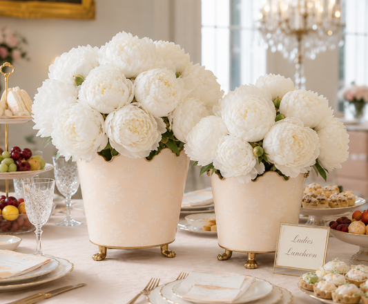 a table with white flowers and plates
