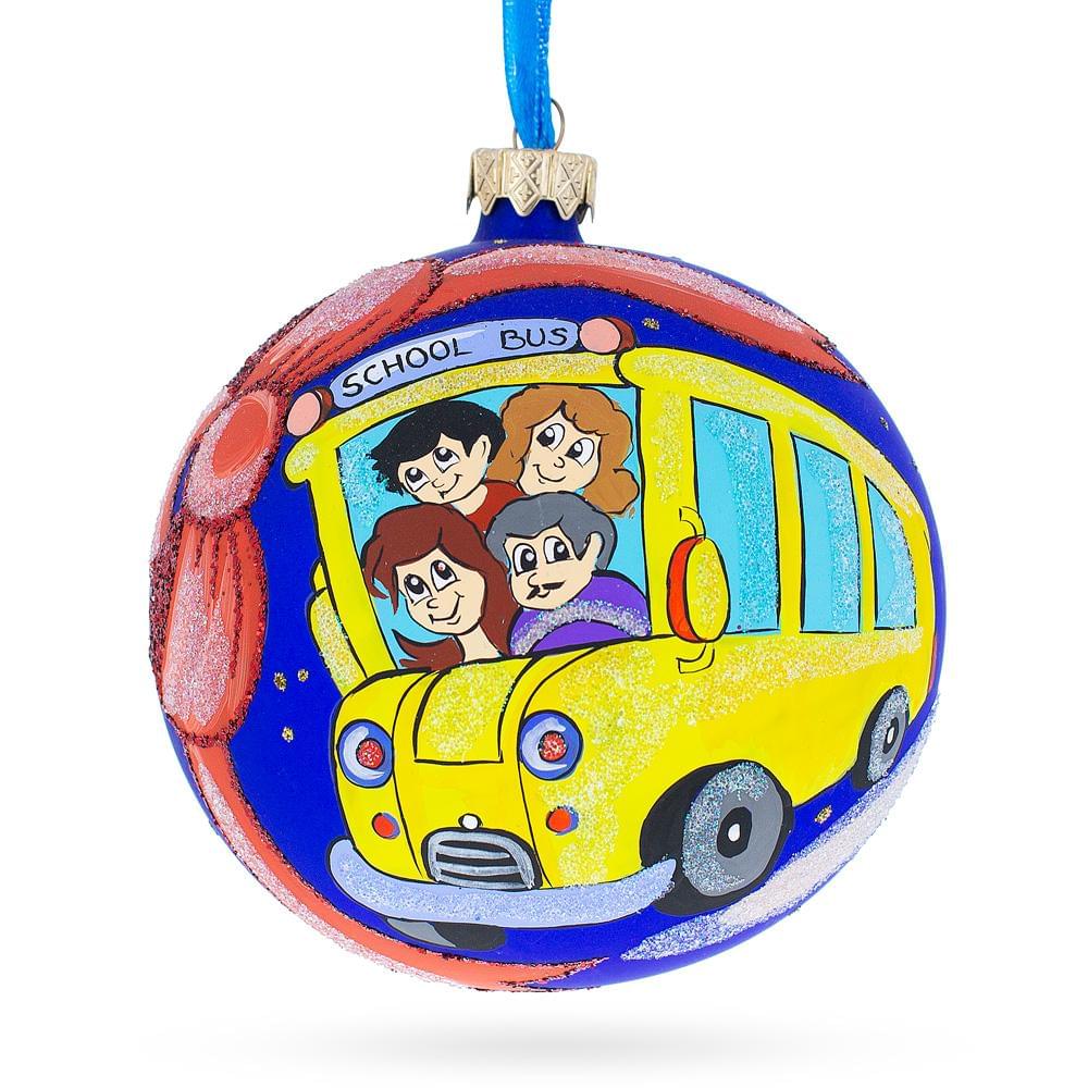 a blue ball with a school bus painted on it