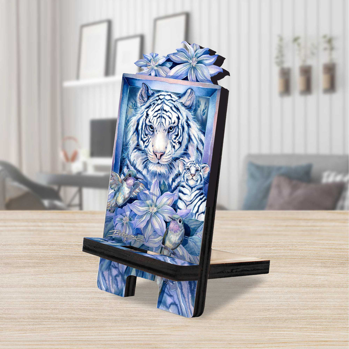 Tiger in the Garden Cell Phone Stand Wildlife Décor Wood Mobile Tablet Holder Charging Station Organizer - 892096C-JB