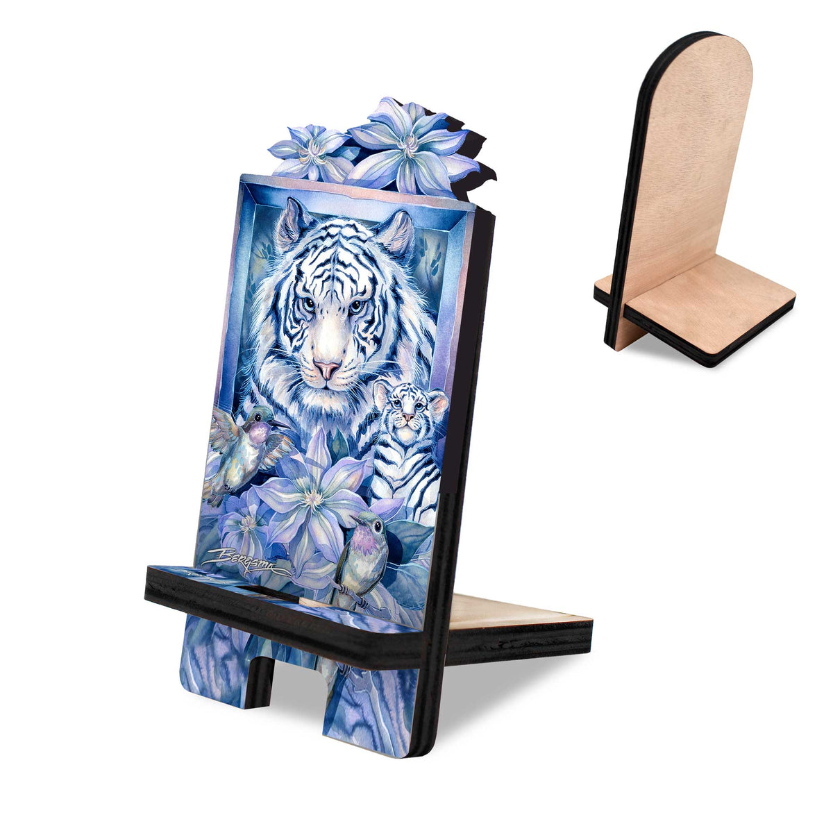 Tiger in the Garden Cell Phone Stand Wildlife Décor Wood Mobile Tablet Holder Charging Station Organizer - 892096C-JB