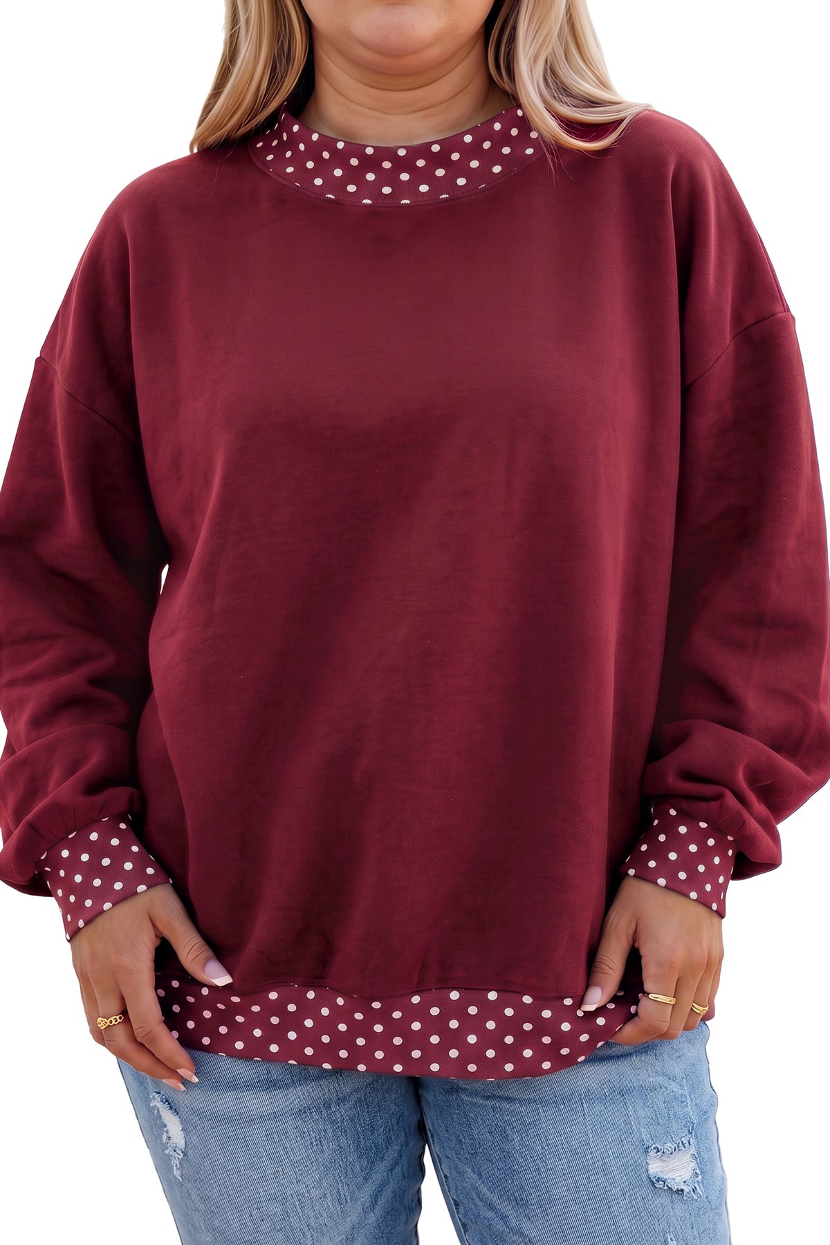 Racing Red Polka Dot Patchwork Round Neck Plus Size Sweatshirt