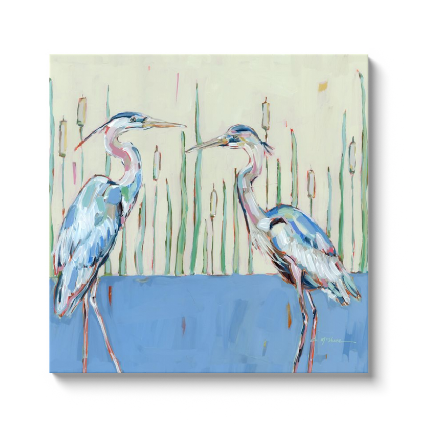 "Follow Your Path" blue herons on canvas