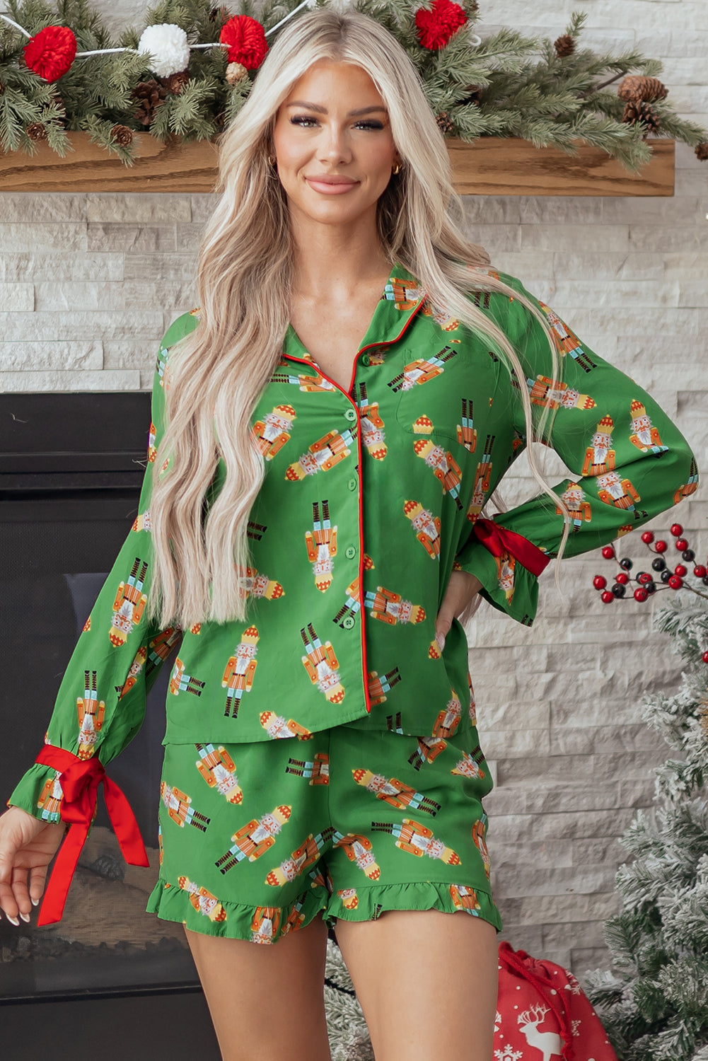 Green Christmas Candy Contrast Trim Bow Knot Silky 2pcs Pajama Set