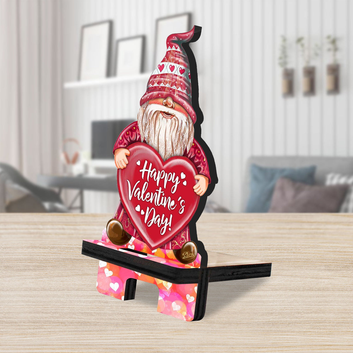 Happy Valentines Day Gnome Cell Phone Stand Family Decor Wood Mobile Tablet Holder Charging Station Organizer - 892103C