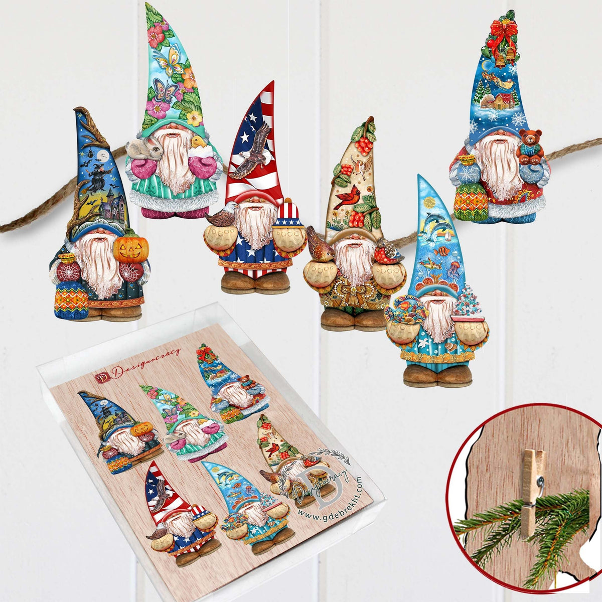 Holiday Gnomes Clip-On Eco Wood Decorative Ornaments Set of 6 by G. Debrekht  - Christmas Decor - 8090138C-S6