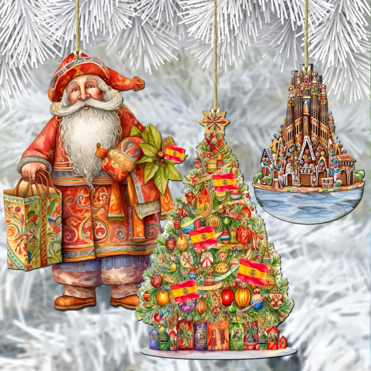 Santas Around the World - Spanish Inspired Santa - Eco Wood Ornaments Set of 3 by G. DeBrekht Christmas Santa Snowman Decor - 8091305S3