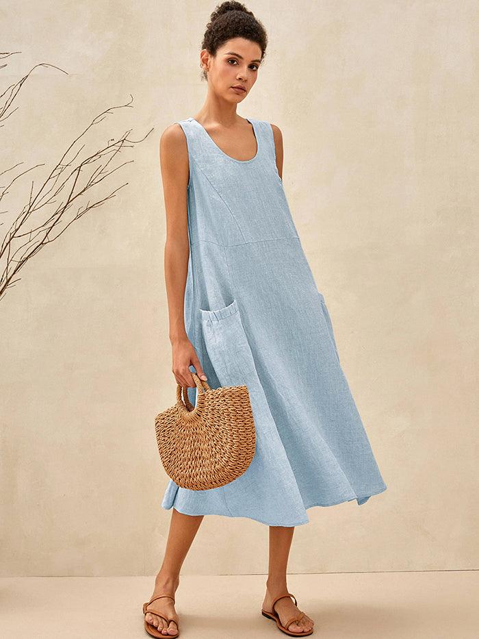 a woman in a blue dress