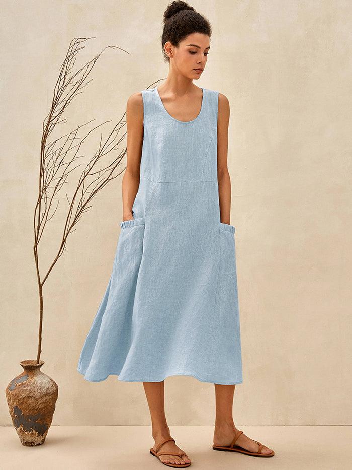 a woman in a blue dress