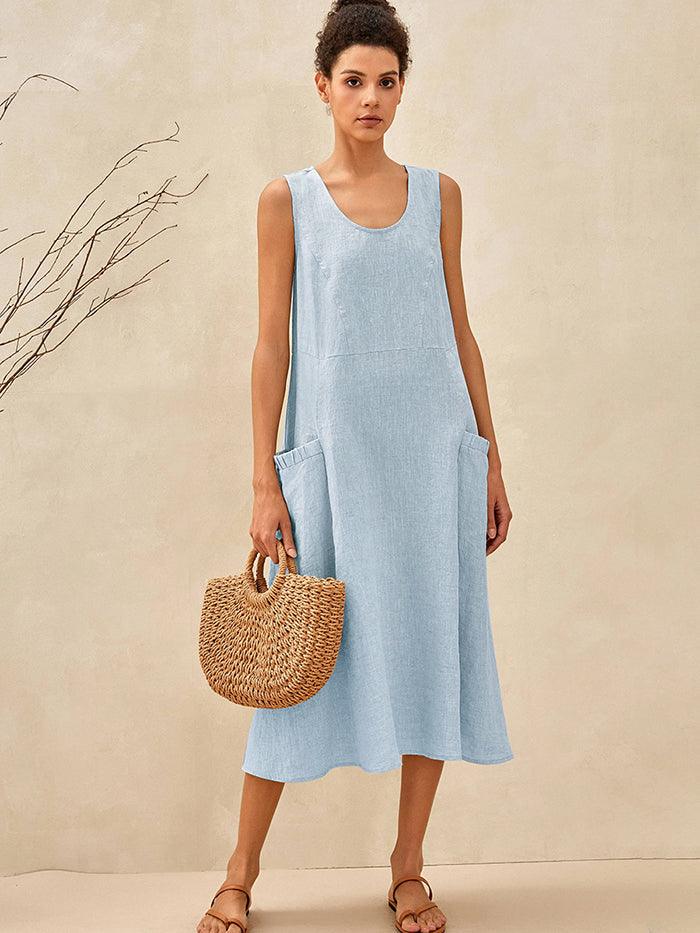 a woman in a light blue dress