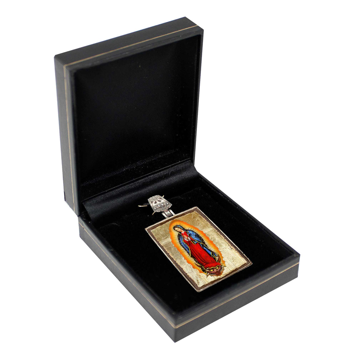 Lady of Guadalupe Religious Jewelry Silver Plated Necklace, Gold-Plated Wooden Cabochon - Catholic Sacred Icon - Inspirational Icon Decor - 43032R