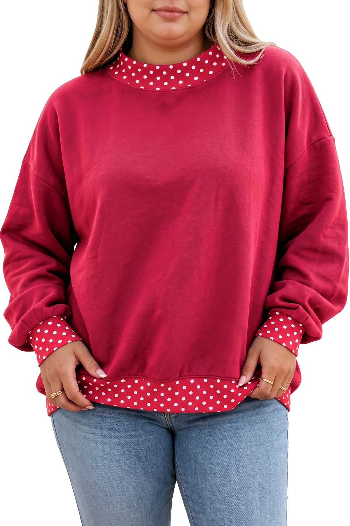 Racing Red Polka Dot Patchwork Round Neck Plus Size Sweatshirt