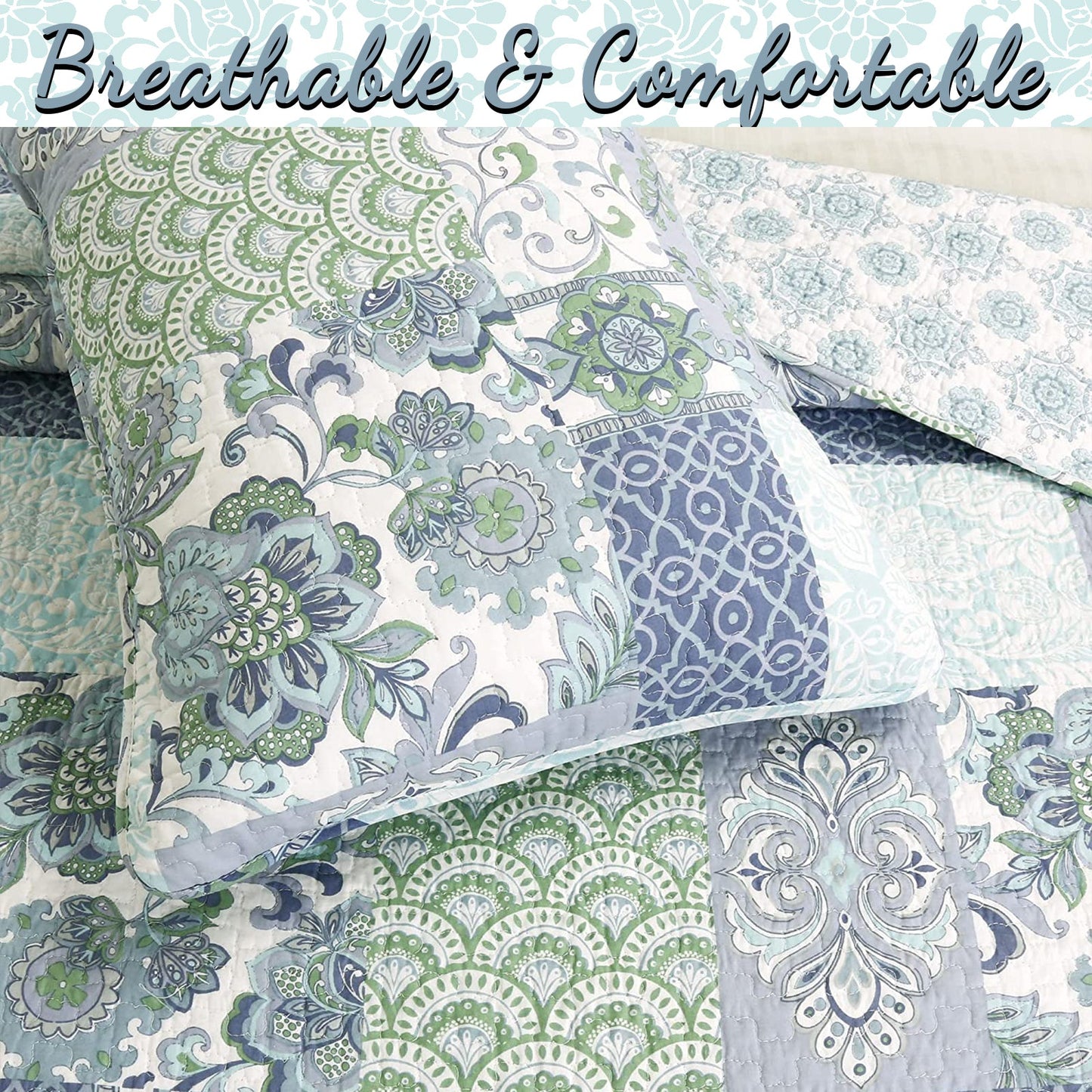 Windfall Blue Print Patchwork Cotton Reversible Quilt Bedding Set